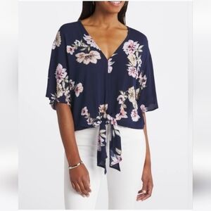 LUQ Rhee Tie Front Top, Navy Blue & Floral, Size XL Women's